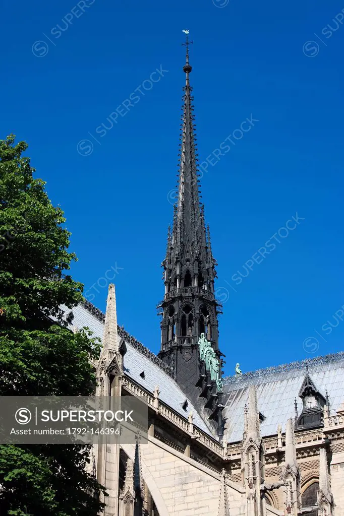 France, Paris, Ile de la Cite, Notre Dame Cathedral, the arrow dominates the statues of green copper of the twelve apostles with the symbols of the fo...