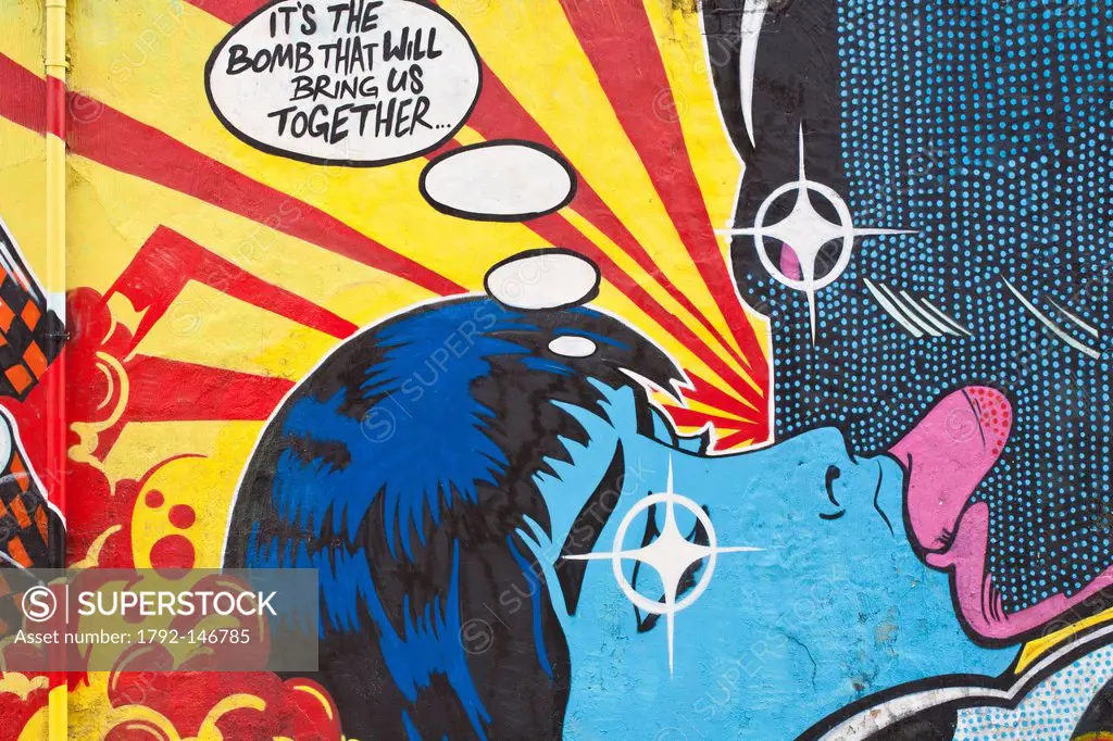 United Kingdom, London, Hackney, Shoreditch, graffiti by artist CEPT representing a super heroe