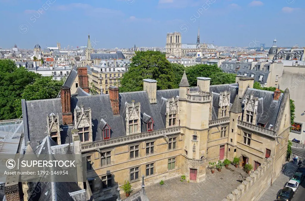 France, Paris, Cluny National museum of Middle Ages and Notre Dame cathedral in the background