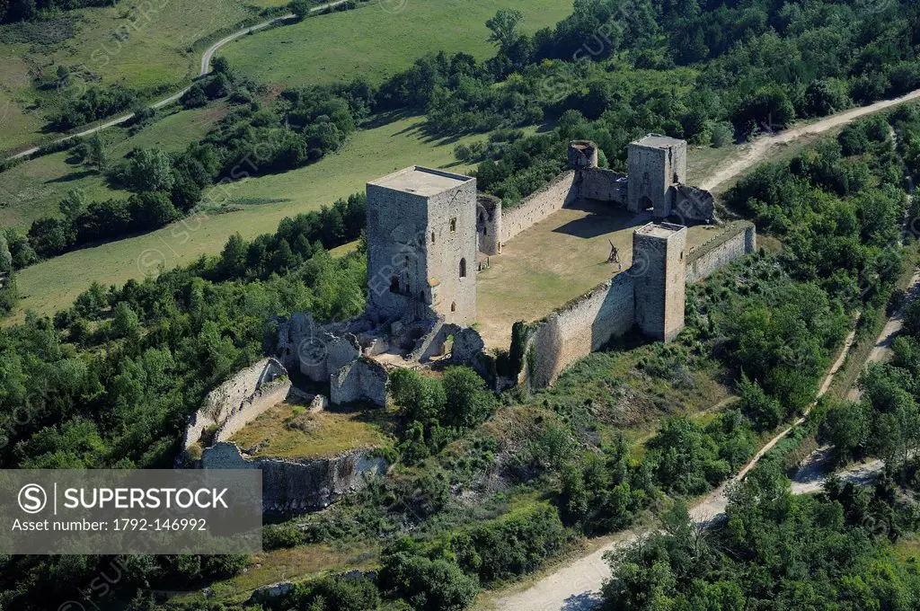 France, Aude, Chateau de Puivert, 12th century Cathar castle aerial view