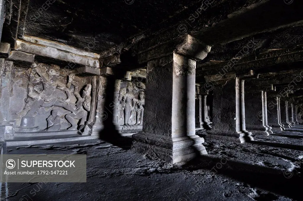 India, Maharastra state, Ellora, caves of Ellora listed as World Heritage by UNESCO, hindu group, cave N15, lord Shiva coming up a lingam phallic symb...