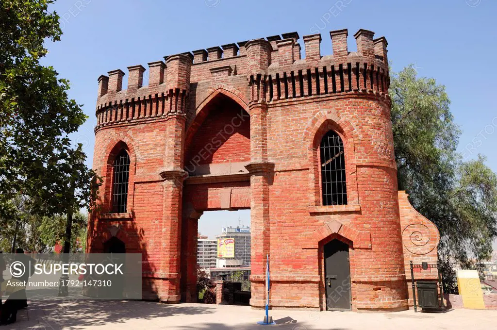 Chile, Santiago de Chile, red brick castle, Castillo Hidalgo at the top of Cerro Santa Lucia in Santiago de Chile