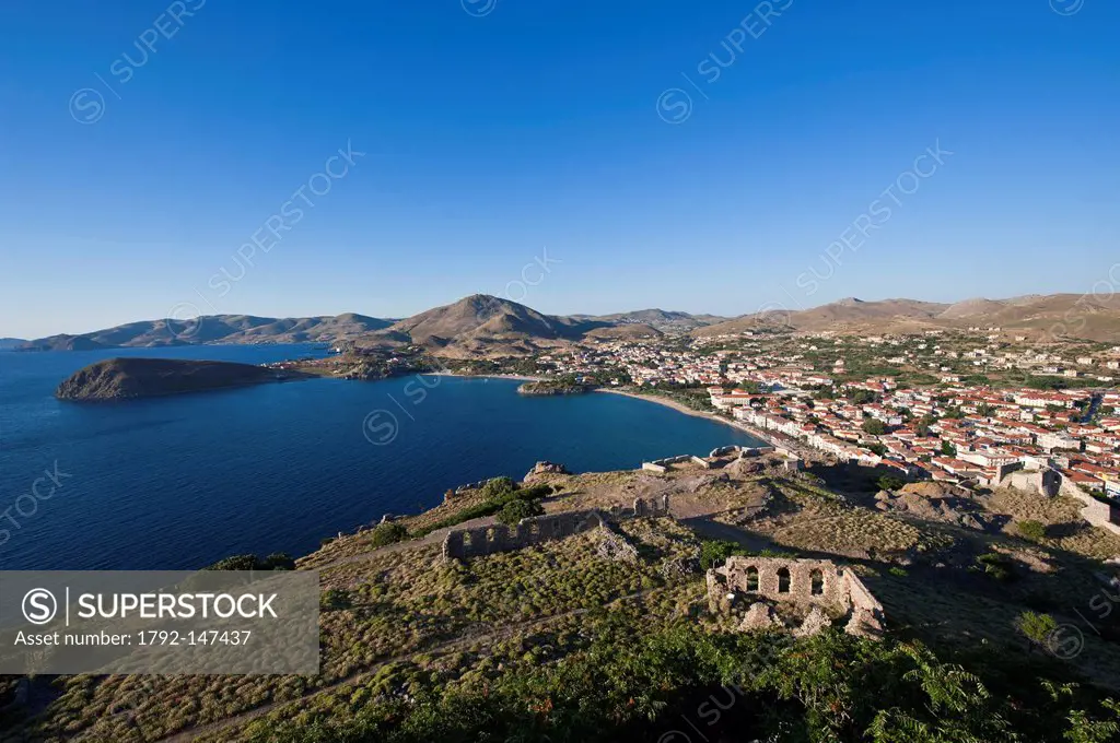 Greece, Lemnos Island, Myrina, capital town and main harbour of the island, Romeikos Gialos beach and the North Bay from the Byzantine kastro of the 1...