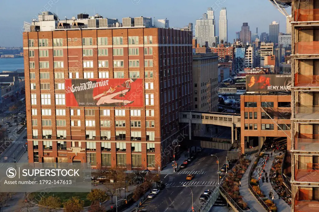 United States, New York City, Manhattan, Meatpacking District, Advertising Grand Marnier on brick built building