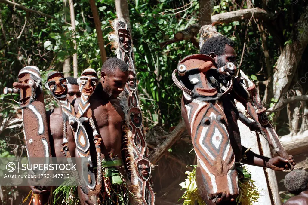 Vanuatu, Malampa Province, Malekula Island, Lamap, men in traditional dress performing a Small Nambas funerary ritual