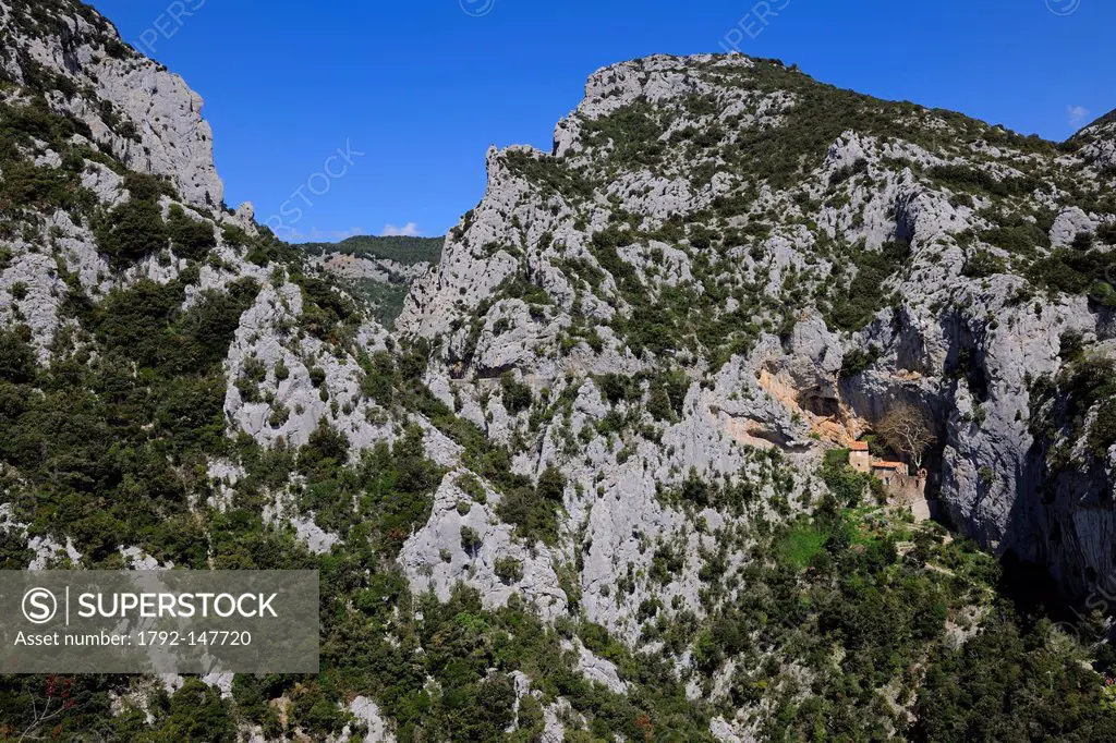 France, Pyrenees Orientales, Gorges de Galamus, St Antoine of Galamus hermitage