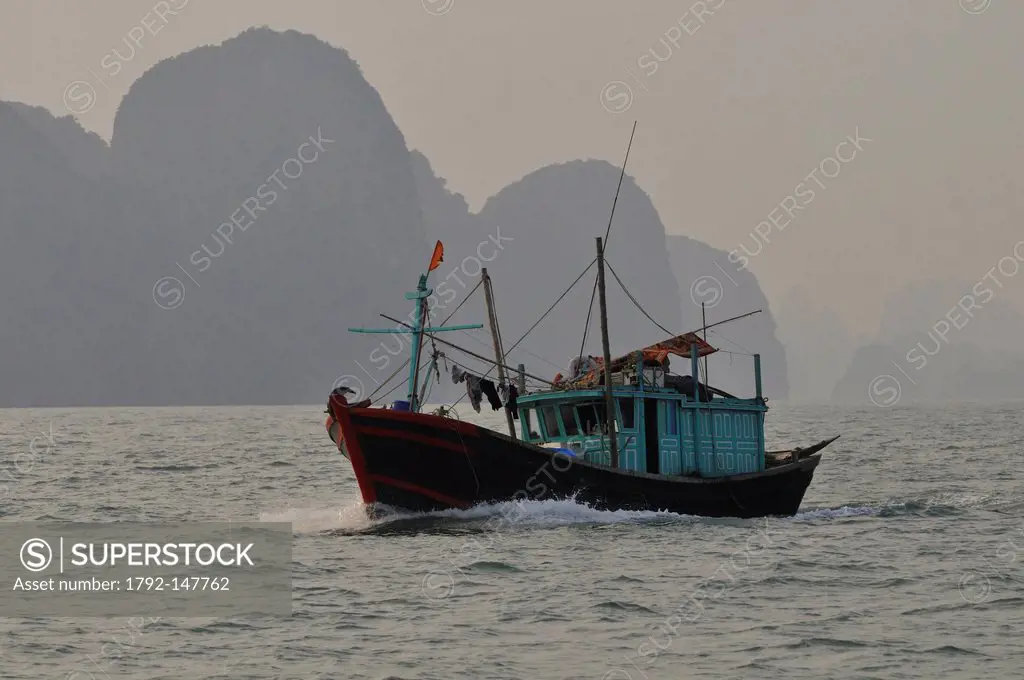 Vietnam, Quang Ninh Province, Halong Bay listed as World Heritage by UNESCO, Cai Rong, fishing boats in the harbour