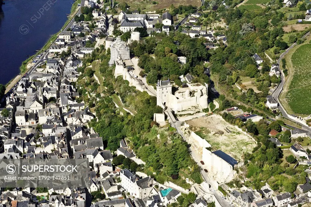 France, Indre et Loire, Chinon, the town still has many medieval houses between the banks of the Vienne and the castle aerial view