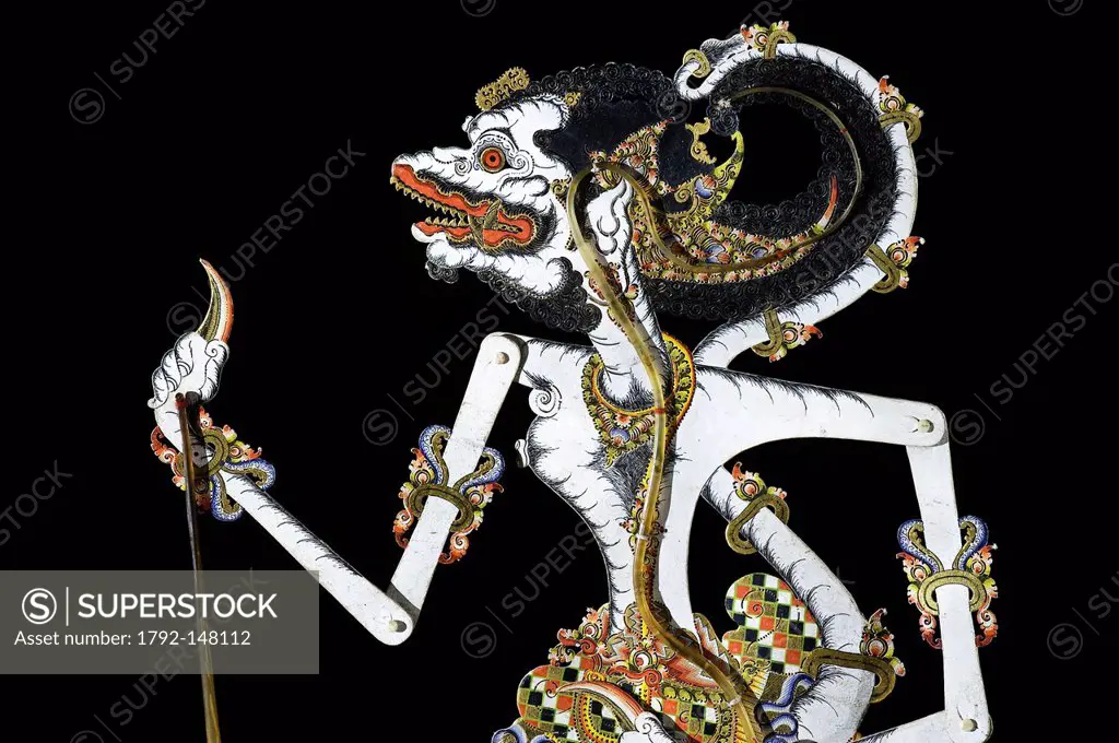 Indonesia, Java, Central Java Province, Ngablak village, Yayasan Suryo Laras puppet theater, shadow puppet show called Wayang Kulit, Hanuman, king of ...