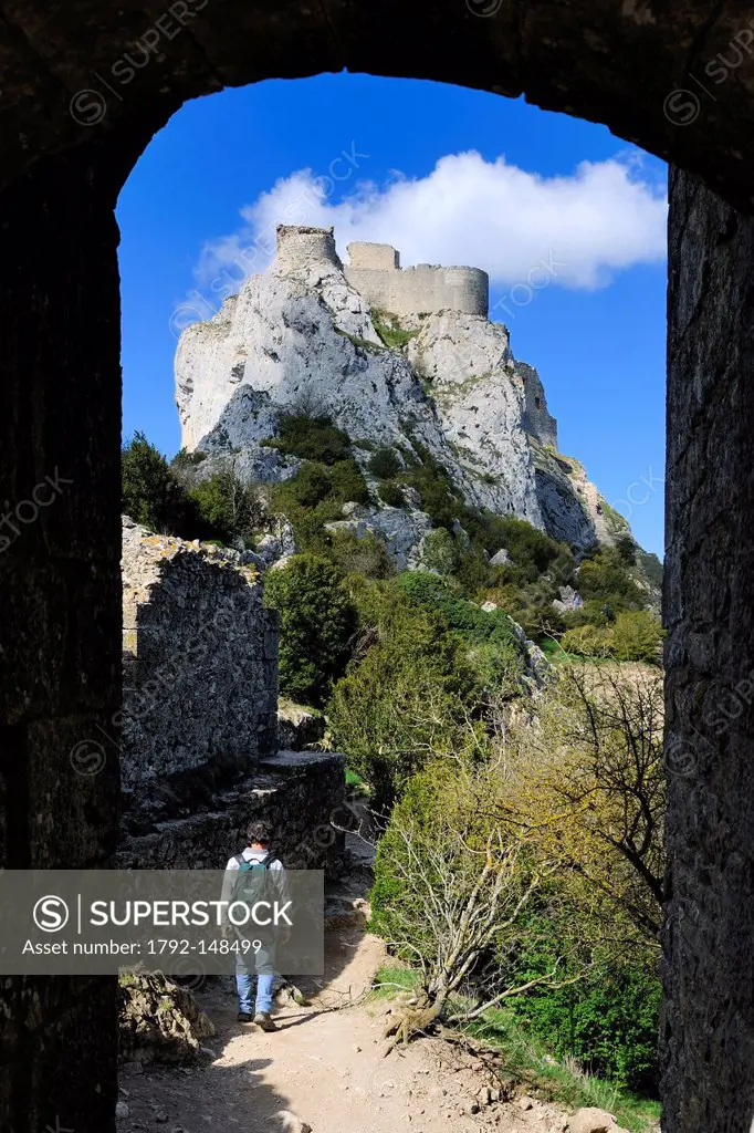 France, Aude, Peyrepertuse, the ruins of Cathar castle built in XIIth century, the castle of St. George in the upper part
