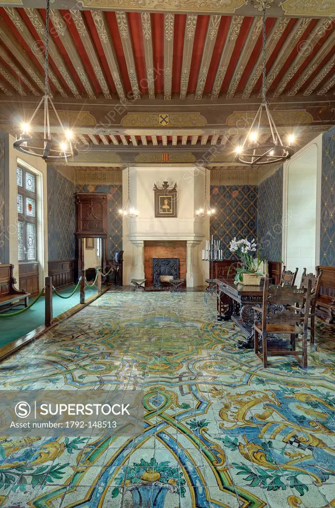 France, Loir et Cher, Loire Valley listed as World Heritage by UNESCO, Chateau de Chaumont sur Loire, the Council room and its majolica tiles of the X...