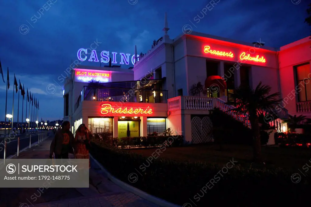 France, Alpes Maritimes, Menton, casino at night