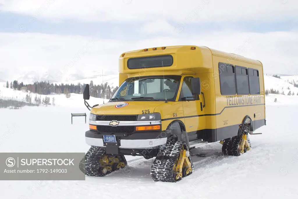 United states, Wyoming and Montana States, Yellowstone National Park, listed as World Heritage by UNESCO, transportation with snowcoach