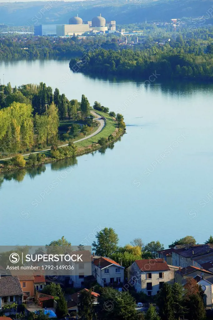 France, Rhone, Condrieu, Rhone River, in the background nuclear power plant of St. Maurice St. Aban in Isere