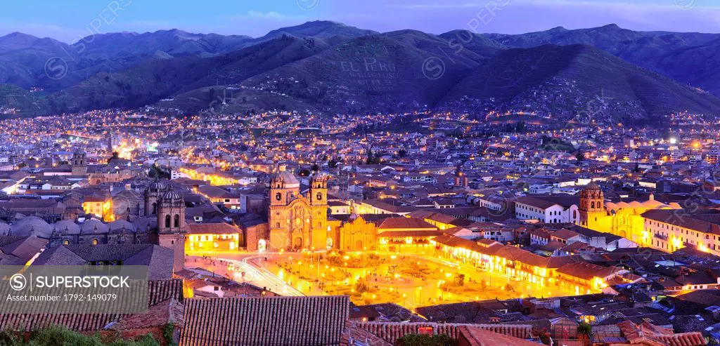 Peru, Cuzco Province, Cuzco, listed as World Heritage by UNESCO, view on the historic center and Plaza de Armas