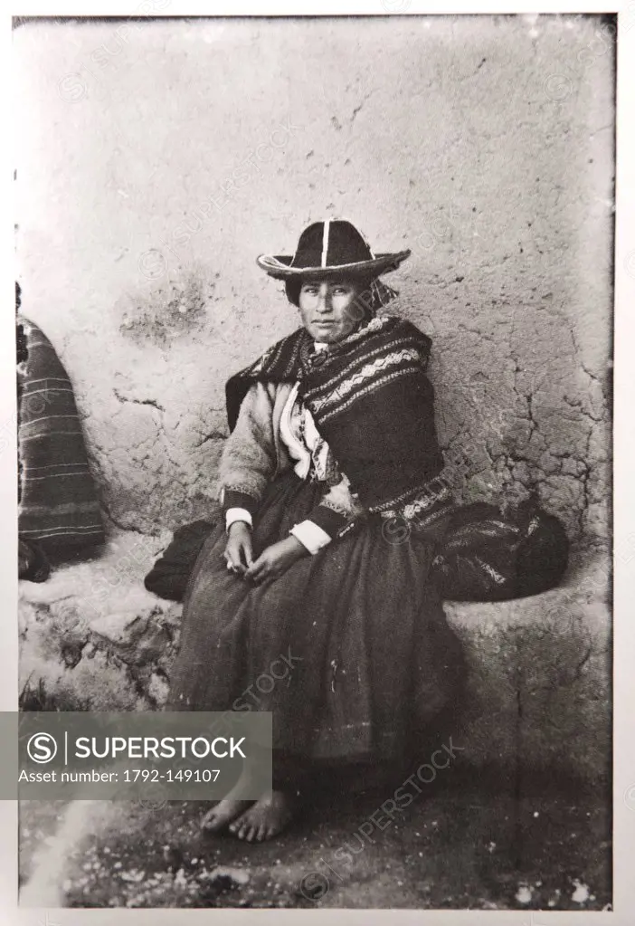 Peru, Cuzco Province, Cuzco, reproduction of an old postcard, Quechua woman wearing traditional outfit in 1930´s