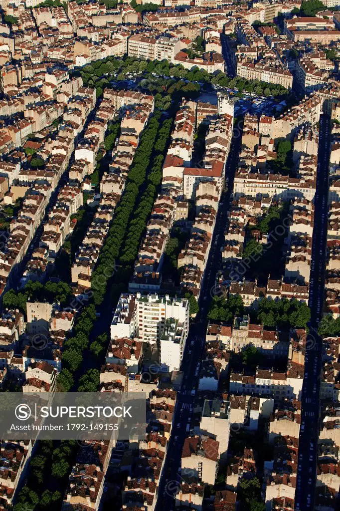 France, Bouches du Rhone, Marseille, 5th district, La Plaine, Boulevard Chave going to the Place Jean Jaures aerial view
