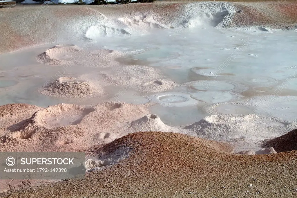United states, Wyoming and Montana States, Yellowstone National Park, listed as World Heritage by UNESCO, landsape, bubbling mud of the Lower Geyser B...