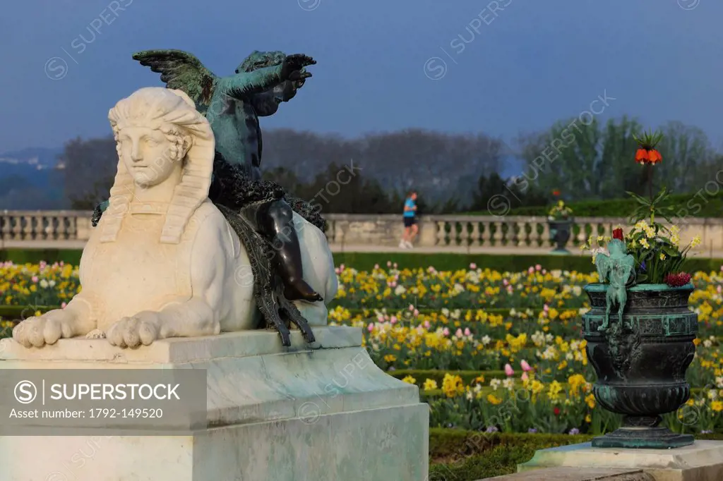 France, Yvelines, park of the Chateau de Versailles, listed as World Heritage by UNESCO, parterre du Midi south parterre, sphinx and one of the bronze...