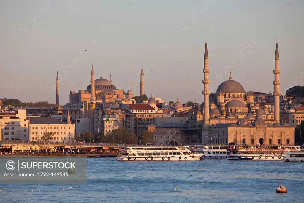 Turkey, Istanbul, historical centre listed as World Heritage by UNESCO, the Yeni Cami New Mosque mosque and Aya Sofya Hagia Sophia or Hagia Sophia in ...