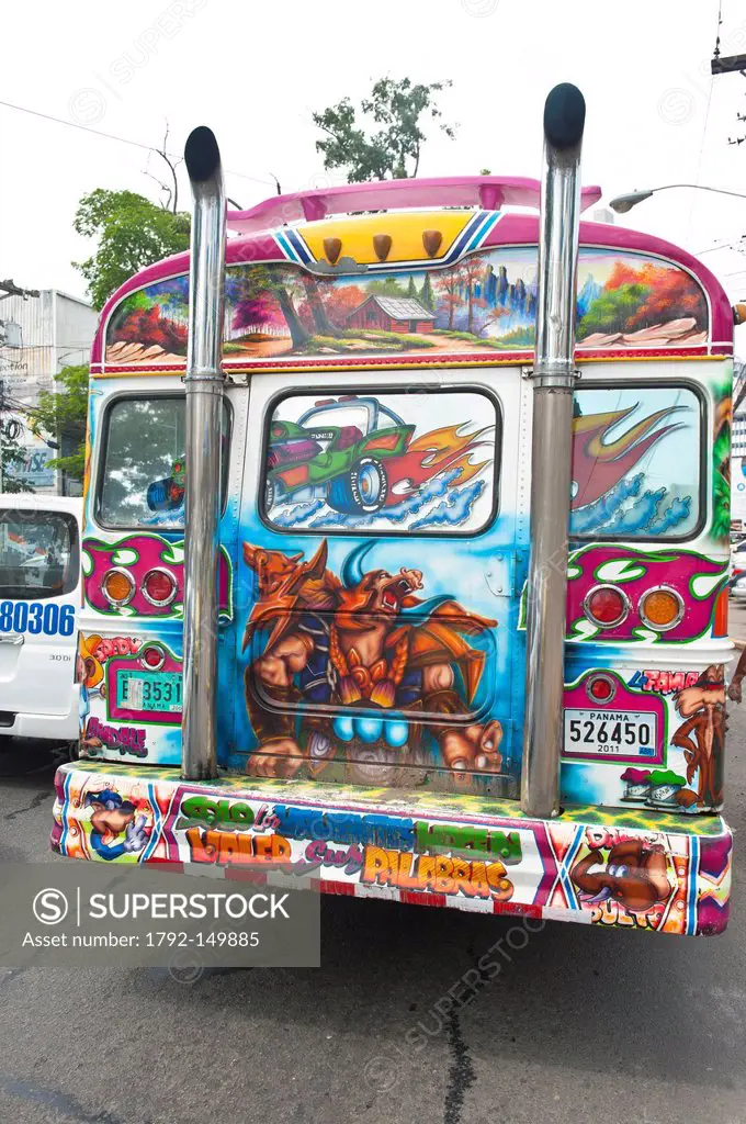 Panama, Panama City, historic town listed as World Heritage by UNESCO, Casco Antiguo, diablo rojo, bus covered with garish paintings