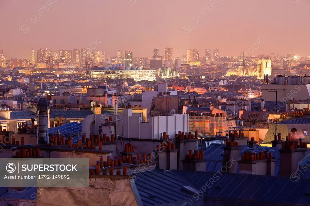 France, Paris, view from Montmartre over Notre Dame, Pompidou Center and buildings in the 13th arrondissement