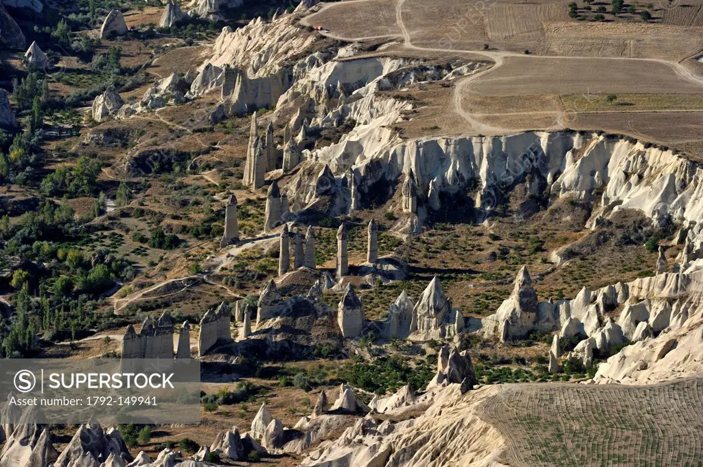 Turkey, Central Anatolia, Cappadocia listed as World Heritage by UNESCO, near Uchisar, Love Valley aerial view