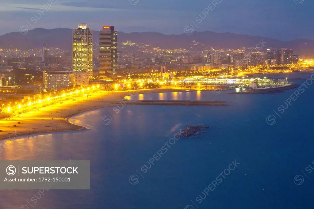 Spain, Cataluna, Barcelona, view from Hotel W over Barceloneta beach, Arts and Mapfre hotels and Olympic port built in 1992 for the Olympic games