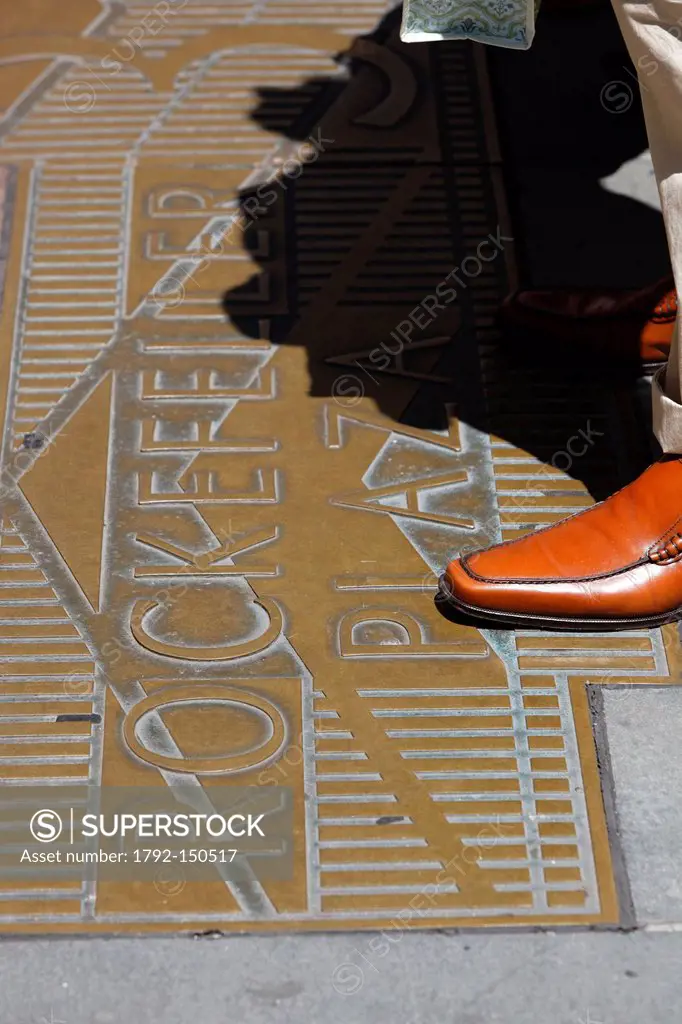 United States, New York City, Manhattan, Midtown, Rockefeller Center, golden plate and luxury shoe