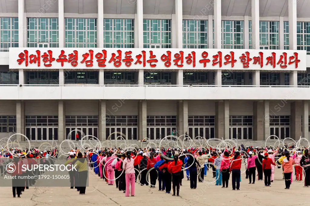 North Korea, Pyongyang, indoor stadium, North Korean boys rehearsing for the Mass Games in front of Pyongyang indoor stadium
