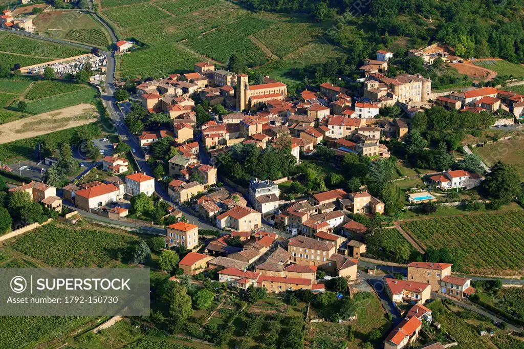 France, Rhone, Beaujolais, Les Pierres Dorees, Theize aerial view