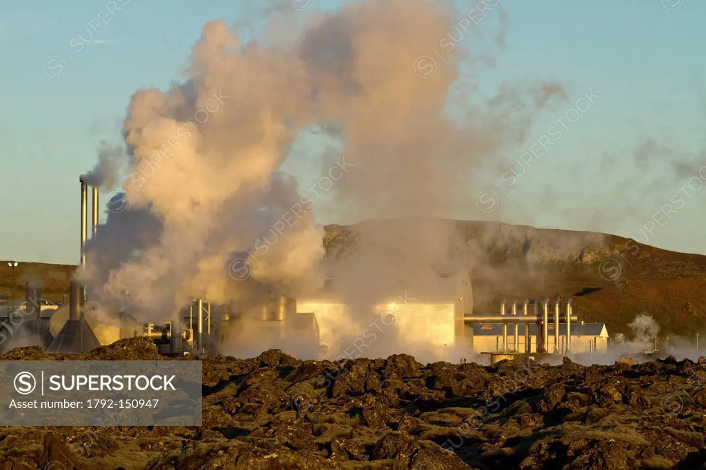 Iceland, Sudurnes region, Grindavik, Blue Lagoon, vapors of warm water recover the geothermal power plant of Svartsengi in Blue Lagoon