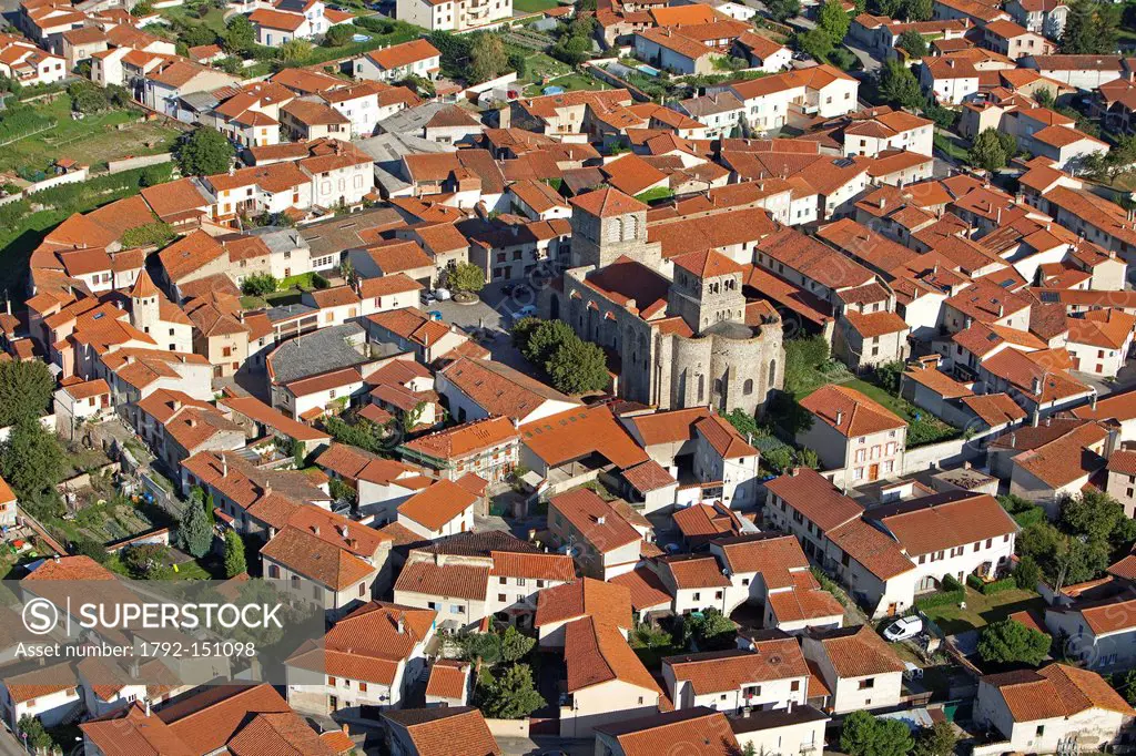 France, Loire, Champdieu, the church and the priory aerial view