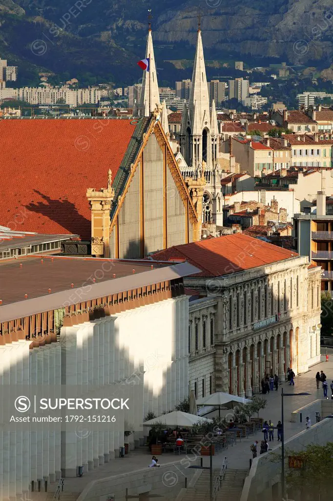 France, Bouches du Rhone, Marseille, 1st district, St Charles train station, church steeple in the background of the Reformed