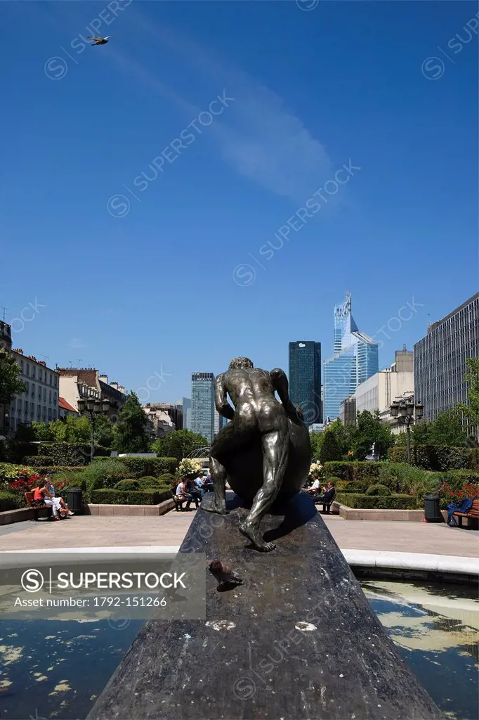 France, Hauts de Seine, Neuilly sur Seine, view over La Defense district from Avenue Charles de Gaulle and sculpture called Le Sisyphe by the artist H...