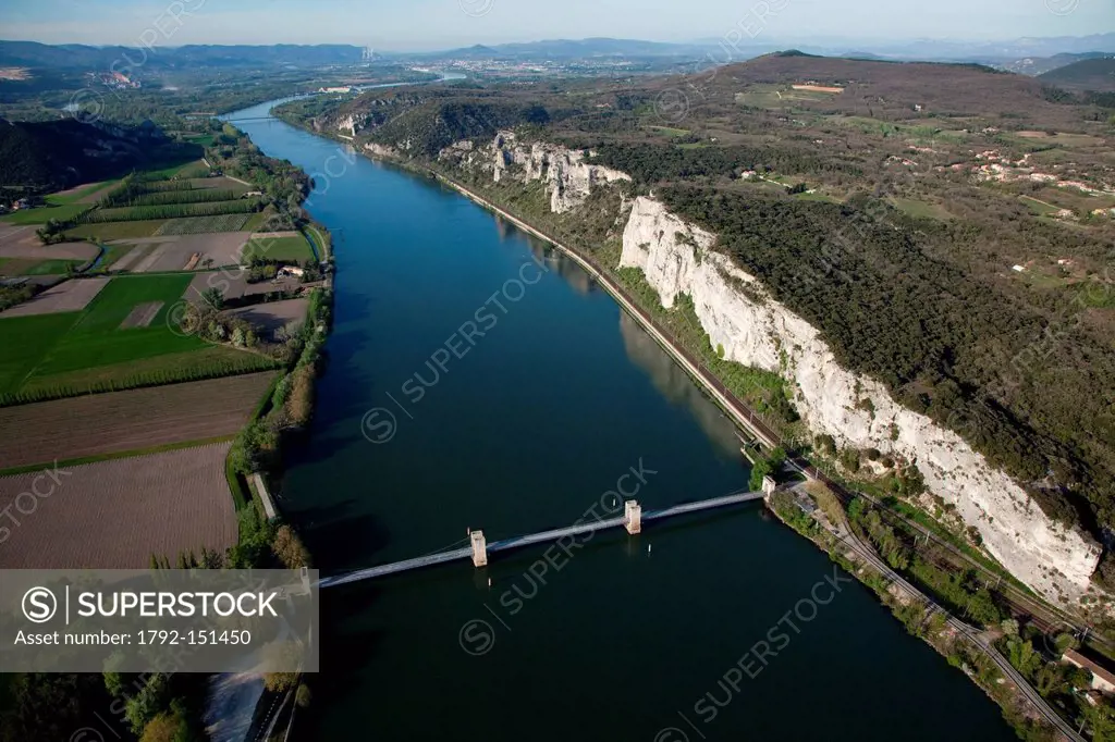 France, Drome, Donzere, suspension bridge over the Rhone River, the Donzere Narrow Pass and limestone cliffs aerial view