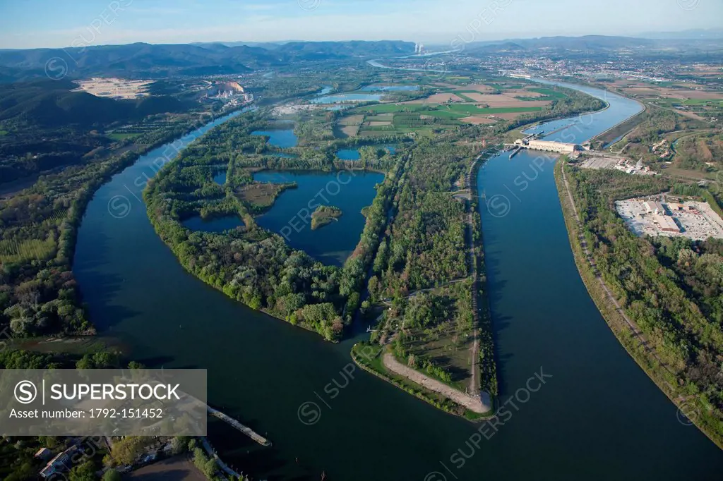 France, Ardeche, meanders of Rhone River near Viviers aerial view