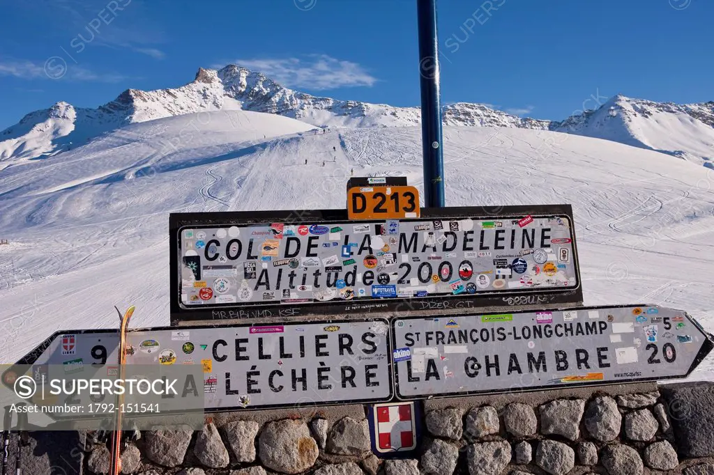 France, Savoie, Valmorel, Massif de la Vanoise, Tarentaise valley, St Franois Longchamp, Maurienne valley, signs for road summer and winter skiing at ...