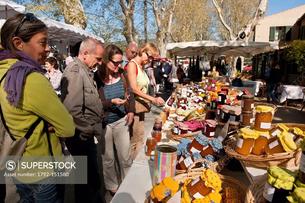 France, Vaucluse, Lourmarin, labeled Les Plus Beaux Villages de France The Most Beautiful Villages of France, the provenal market on friday is an oppo...