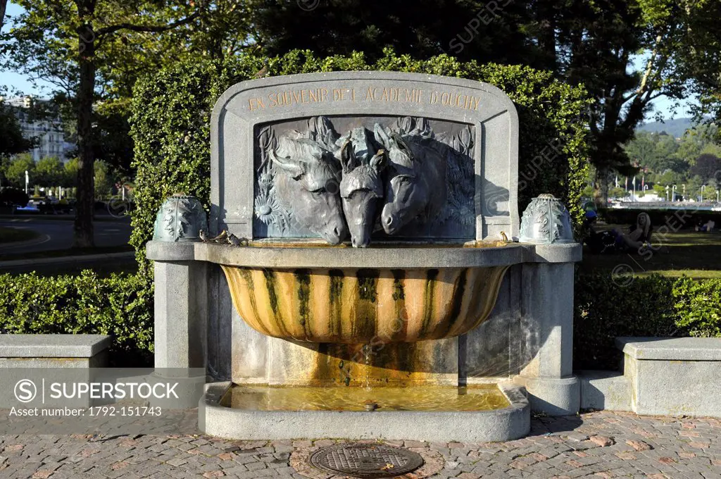 Switzerland, Canton of Vaud, Lausanne, three fountain heads of donkeys called the Academy