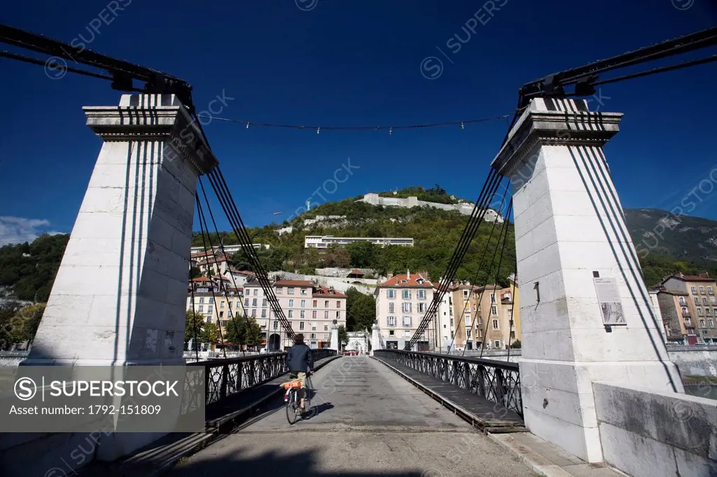 France, Isere, Grenoble, St. Laurent Bridge over Isere River and Bastille site