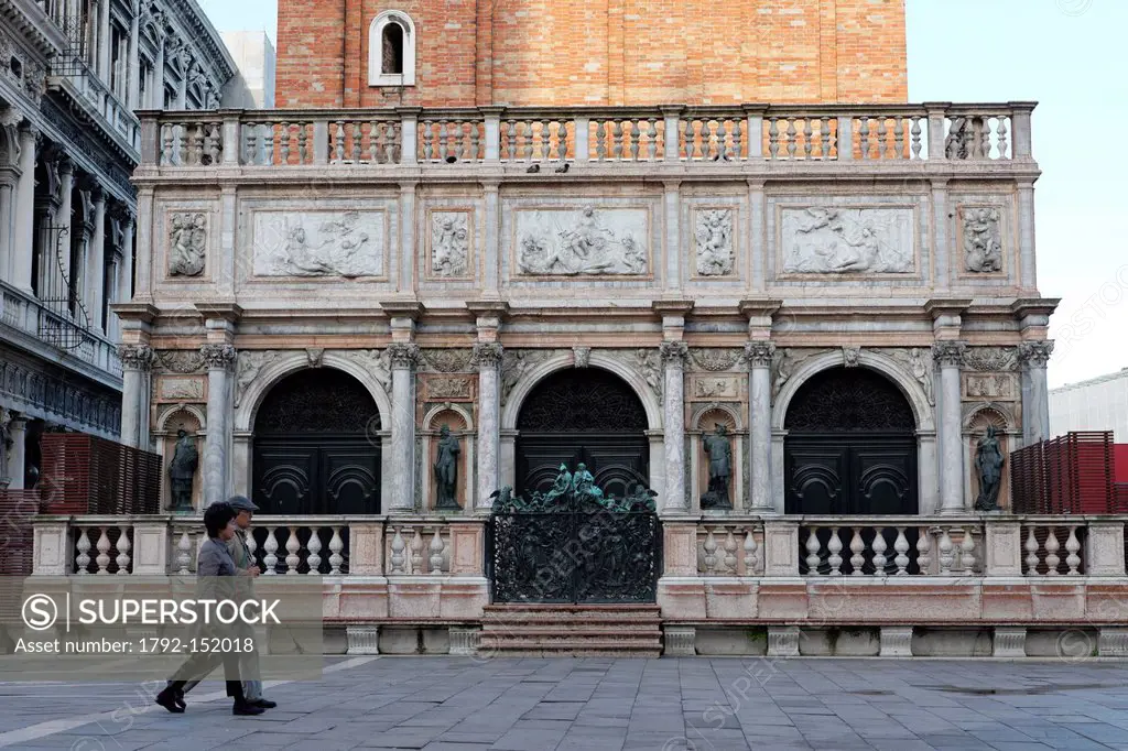 Italy, Veneto, Venice, listed as World Heritage by UNESCO, Piazza San Marco St Mark´s Square, Logetta built in 1540 at the bottom of the Campanile
