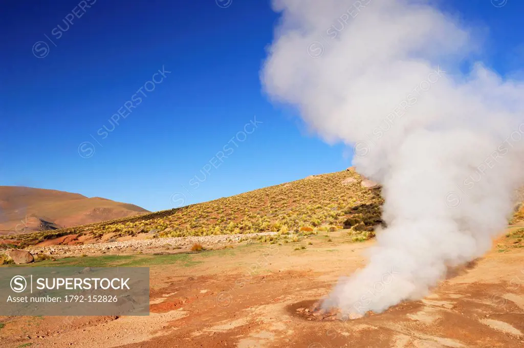 Chile, Antofagasta region, Altiplano, Tatio geysers, steaming geyser in the park geysers del Tatio