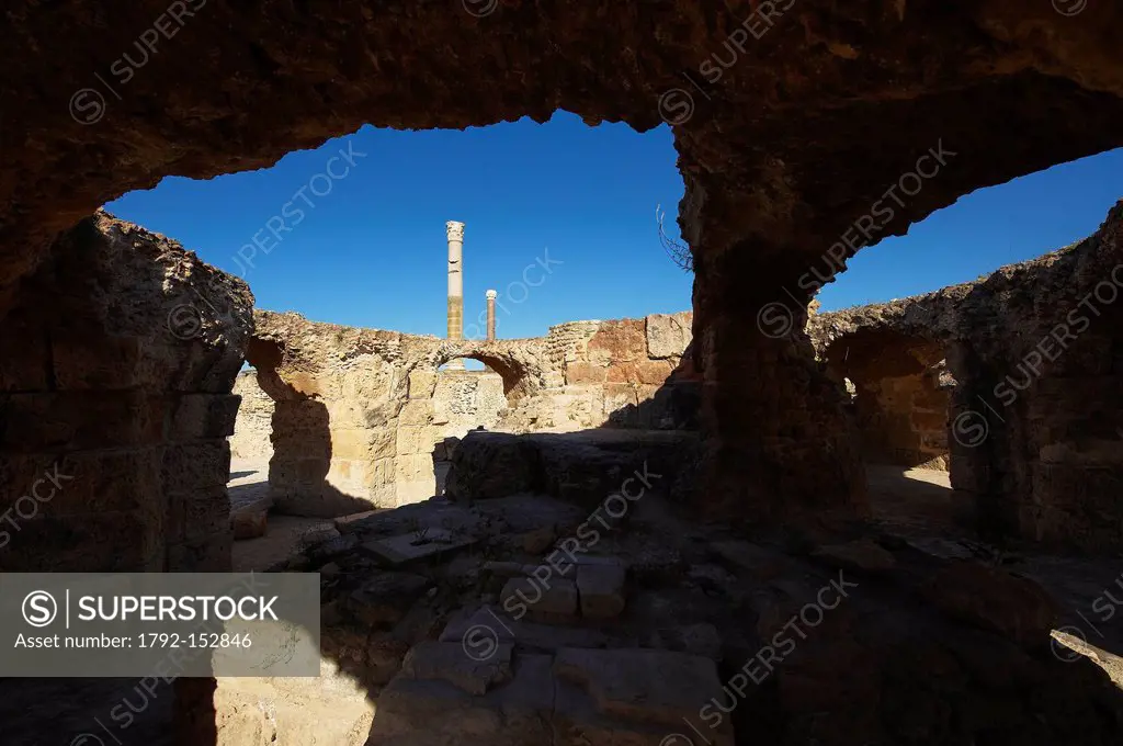 Tunisia, archeological site of Carthage listed as World Heritage by UNESCO, the Antonin thermae with two column