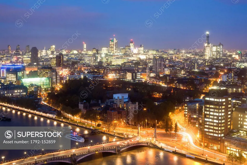 United Kingdom, London, view at dusk from Altitude London over Lambeth Bridge, the Thames, Saint Paul Cathedral and the City