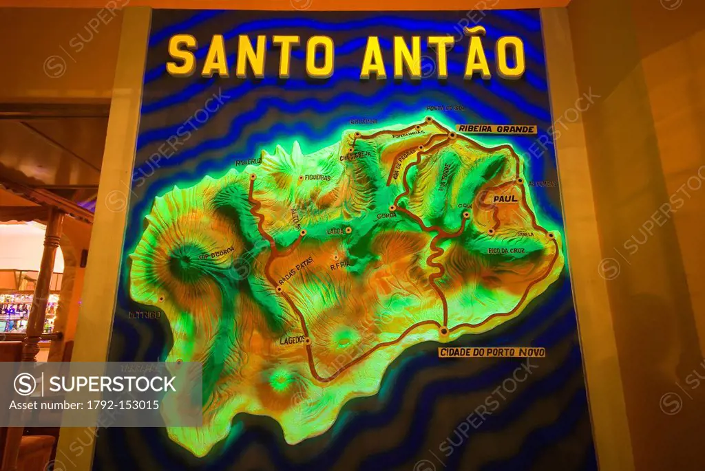 Cape Verde, Sao Vicente island, Mindelo, plan of the island of Santo Antao in a bar of Mindelo