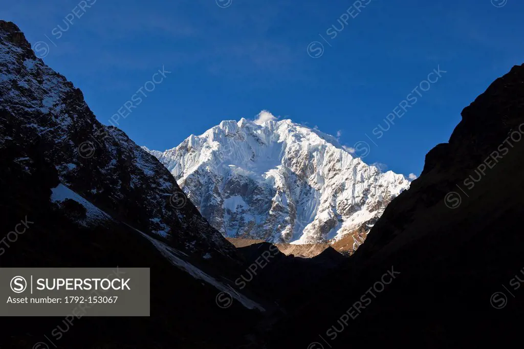 Peru, Cuzco province, Cordillera Vilcabamba, the peak of Salkantay 6271m achieved by melting ice due to global warming