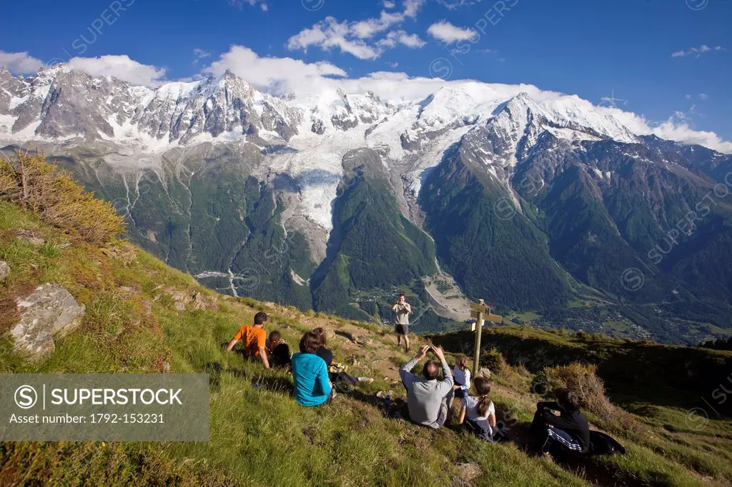 France, Haute Savoie, Chamonix Mont Blanc, panorama from the Bel Lachat Refuge 2276m on the Mont Blanc Massif and Mont Blanc 4810m