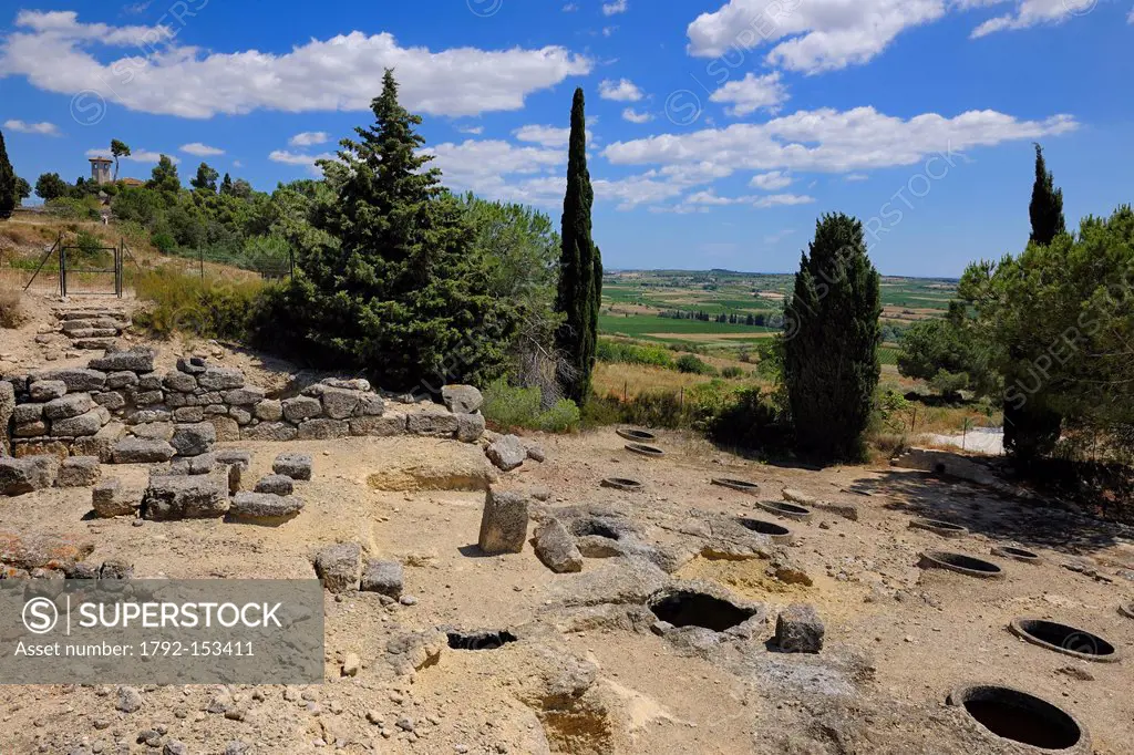 France, Herault, Nissan lez Enserune, the Oppidum d´Enserune is an ancient hill town between the sixth century BC and first century AD, silos that hav...