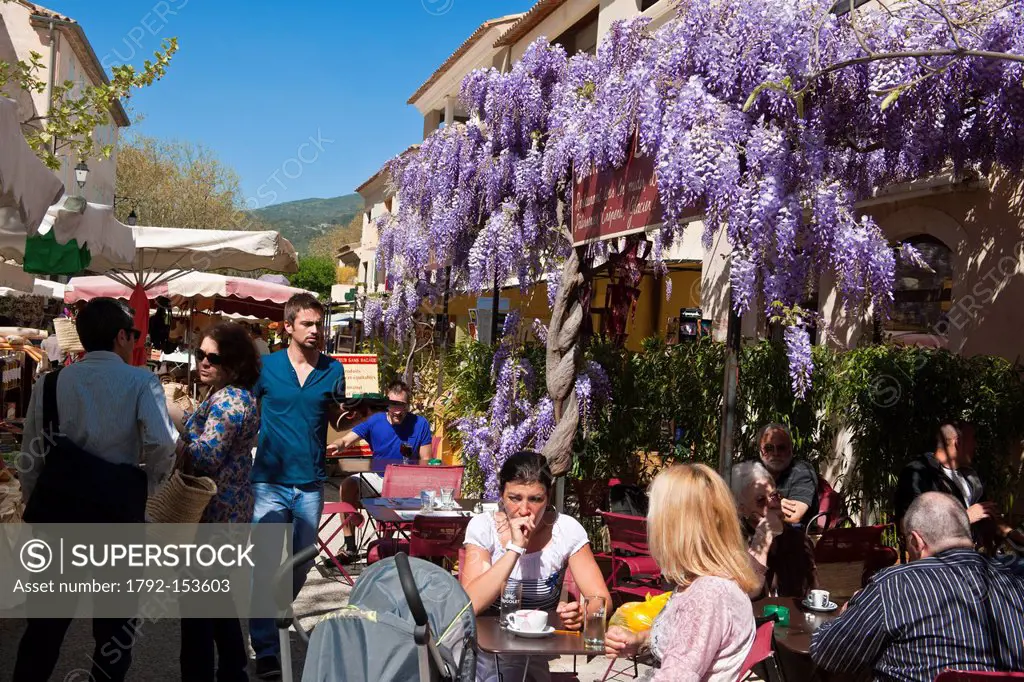 France, Vaucluse, Lourmarin, labeled Les Plus Beaux Villages de France The Most Beautiful Villages of France, coffee break at the friday provencal mar...